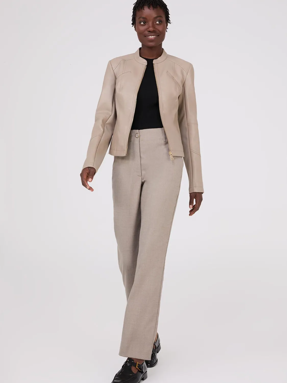 Suzy Shier Puffers & Jackets|Puffers & Jackets>Collarless Faux Leather Jacket