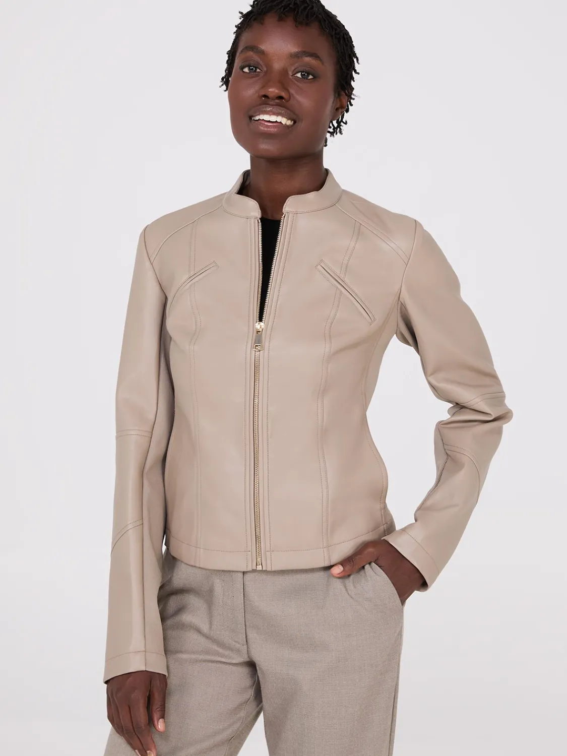 Suzy Shier Puffers & Jackets|Puffers & Jackets>Collarless Faux Leather Jacket