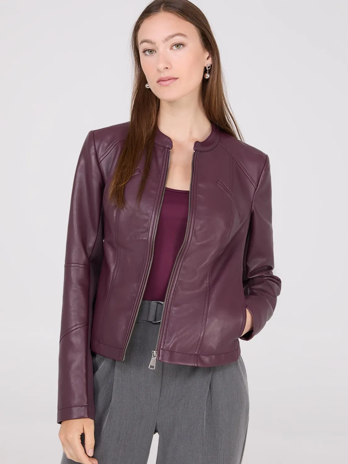 Suzy Shier Puffers & Jackets|Puffers & Jackets>Collarless Faux Leather Jacket