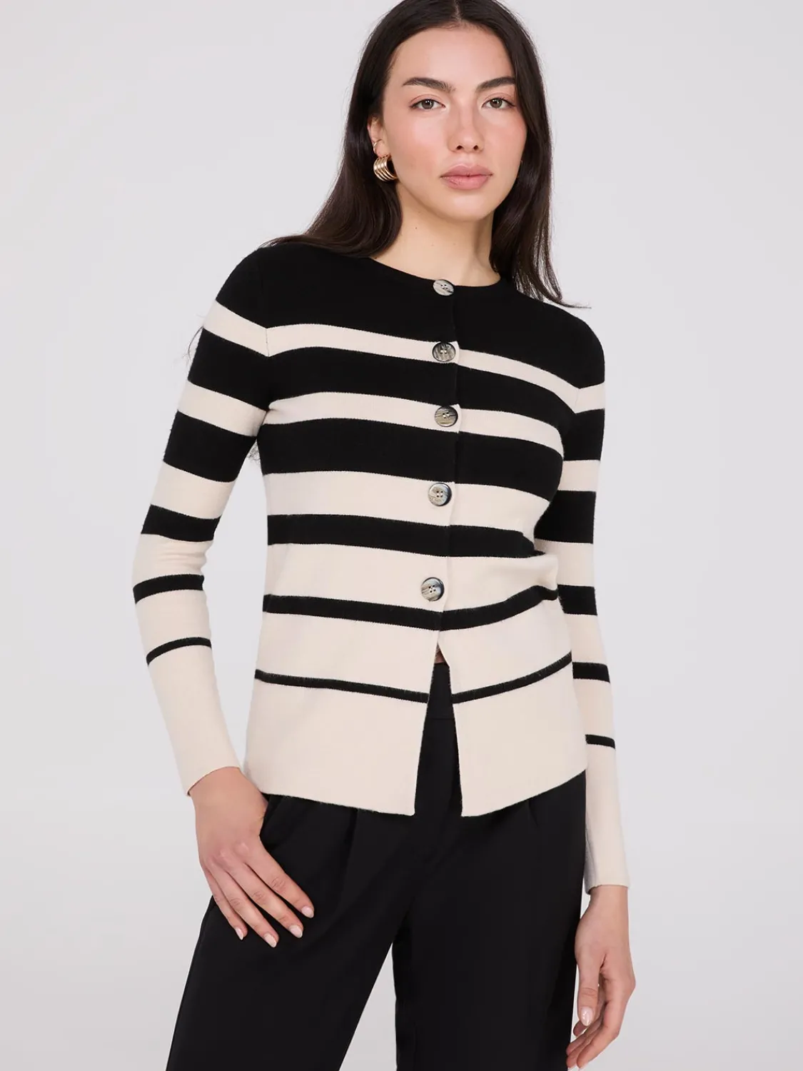 Suzy Shier Long Sleeve|Sweaters & Cardigans>Colour Block Striped Button-Front Cardigan