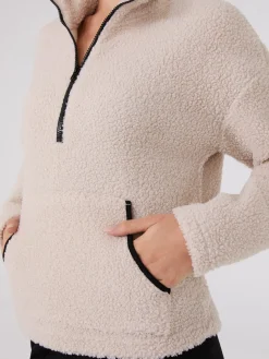 Suzy Shier Lounge & Pjs|Long Sleeve>Contrast Piping Half-Zip Sherpa Sweater