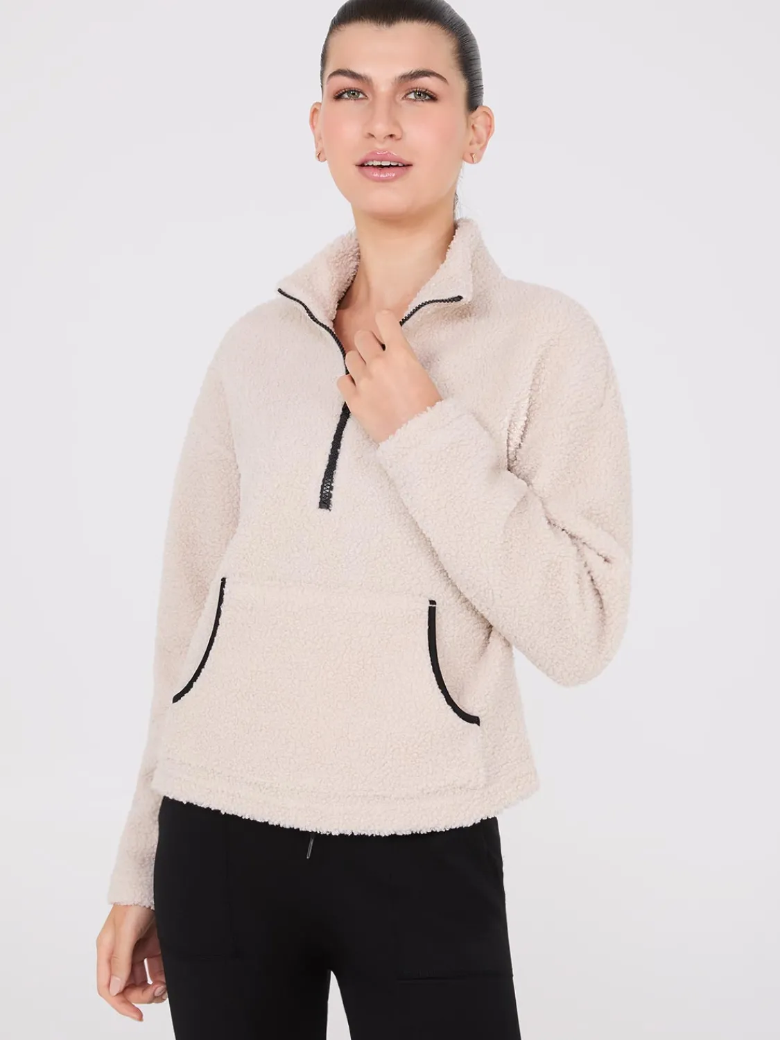 Suzy Shier Lounge & Pjs|Long Sleeve>Contrast Piping Half-Zip Sherpa Sweater
