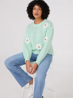 Suzy Shier Long Sleeve|Sweaters & Cardigans>Crew Neck Sweater With Crochet Flowers