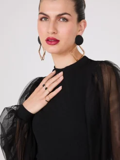 Suzy Shier Tops|Long Sleeve>Crew Neck Top With Mesh Balloon Sleeves