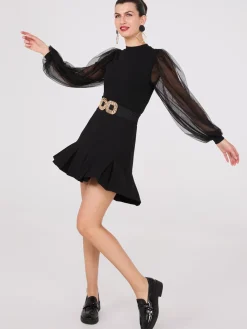Suzy Shier Tops|Long Sleeve>Crew Neck Top With Mesh Balloon Sleeves