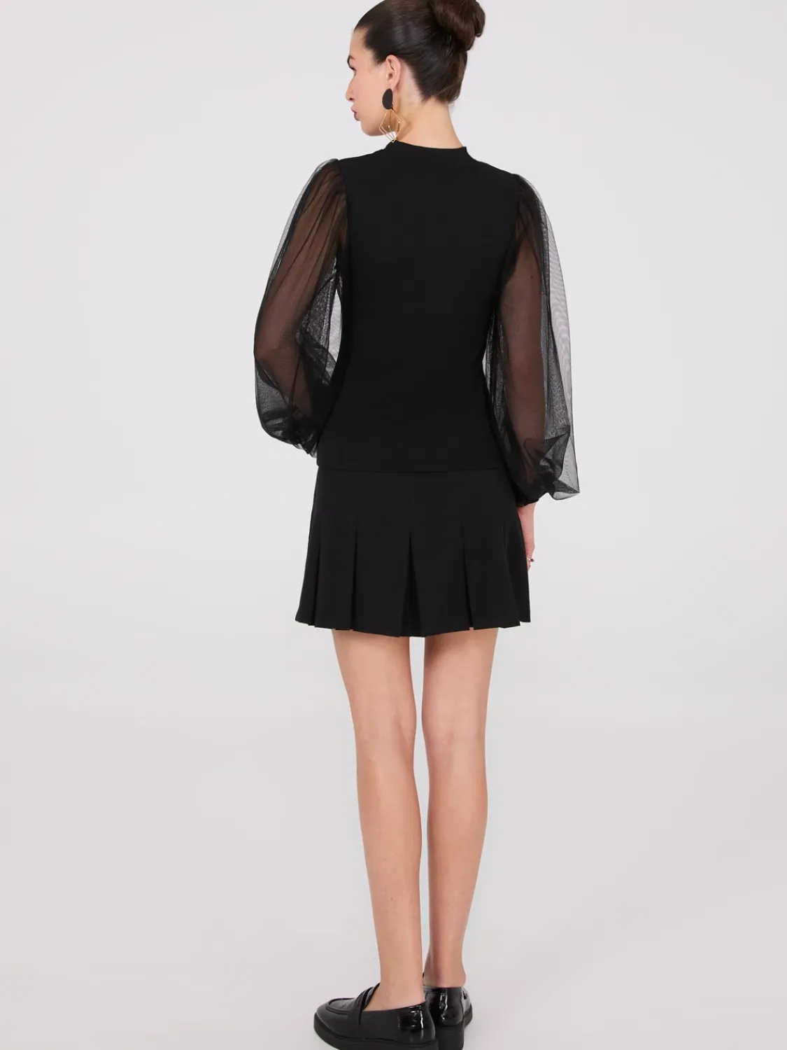 Suzy Shier Tops|Long Sleeve>Crew Neck Top With Mesh Balloon Sleeves