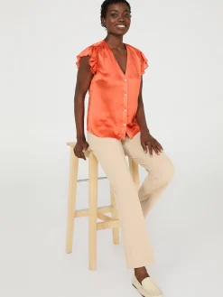 Suzy Shier Tops|Short Sleeve>Crinkle Satin Ruffle Sleeve Button-Front Blouse