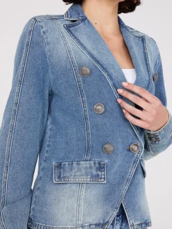 Suzy Shier Puffers & Jackets|Puffers & Jackets>Denim Double-Breasted Blazer