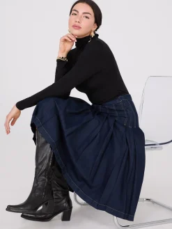 Suzy Shier Skirts>Denim Pleated Midi Skirt