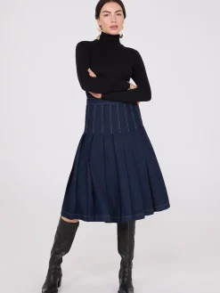 Suzy Shier Skirts>Denim Pleated Midi Skirt