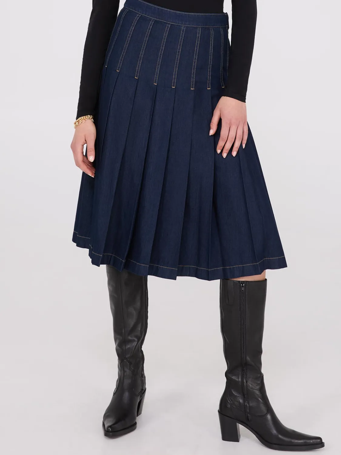 Suzy Shier Skirts>Denim Pleated Midi Skirt