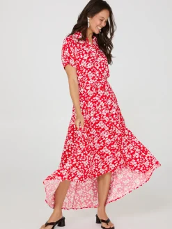 Suzy Shier Casual Dresses|Midi & Maxi>Ditsy Floral Print High-Low Maxi Shirt Dress