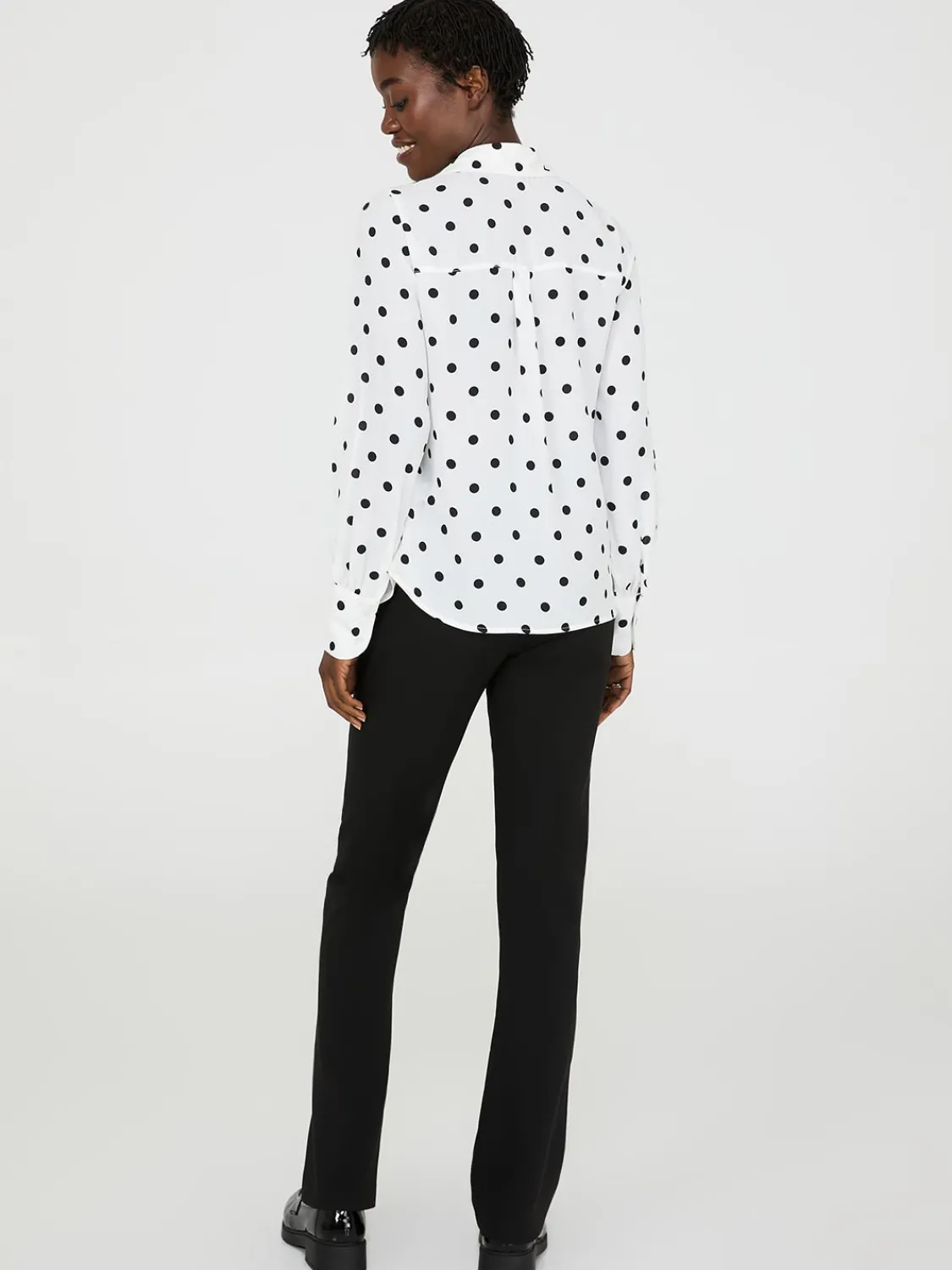 Suzy Shier Tops|Long Sleeve>Dot Print Chiffon Button-Front Blouse