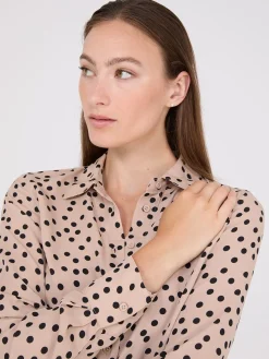 Suzy Shier Tops|Long Sleeve>Dot Print Chiffon Button-Front Blouse
