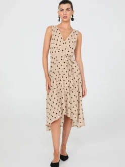 Suzy Shier Work Dresses|Dresses>Dot Print Crossover Chiffon Midi Dress