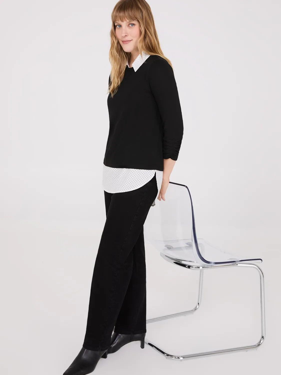 Suzy Shier Long Sleeve>Dot Print 2-Fer Top