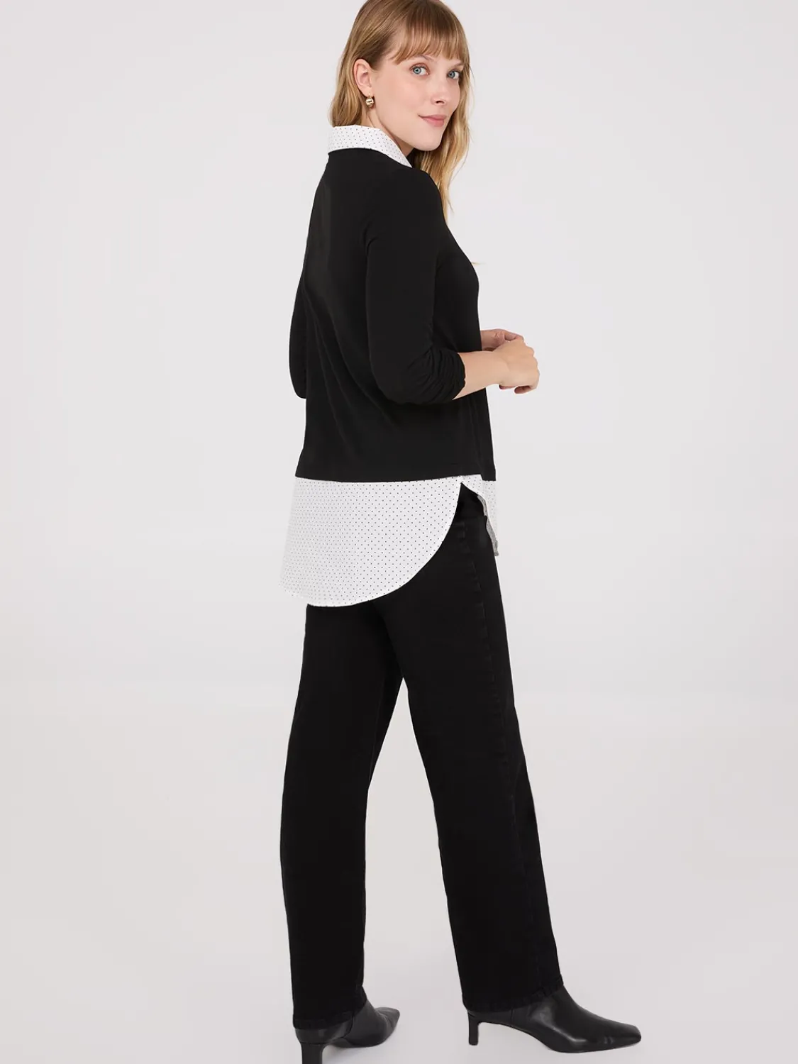 Suzy Shier Long Sleeve>Dot Print 2-Fer Top