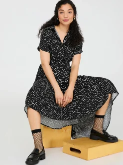 Suzy Shier Casual Dresses|Midi & Maxi>Dot Print High-Low Maxi Shirt Dress
