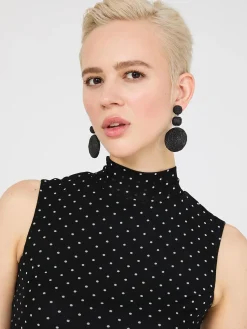 Suzy Shier Tops|Sleeveless>Dot Print Mock Neck Mesh Top