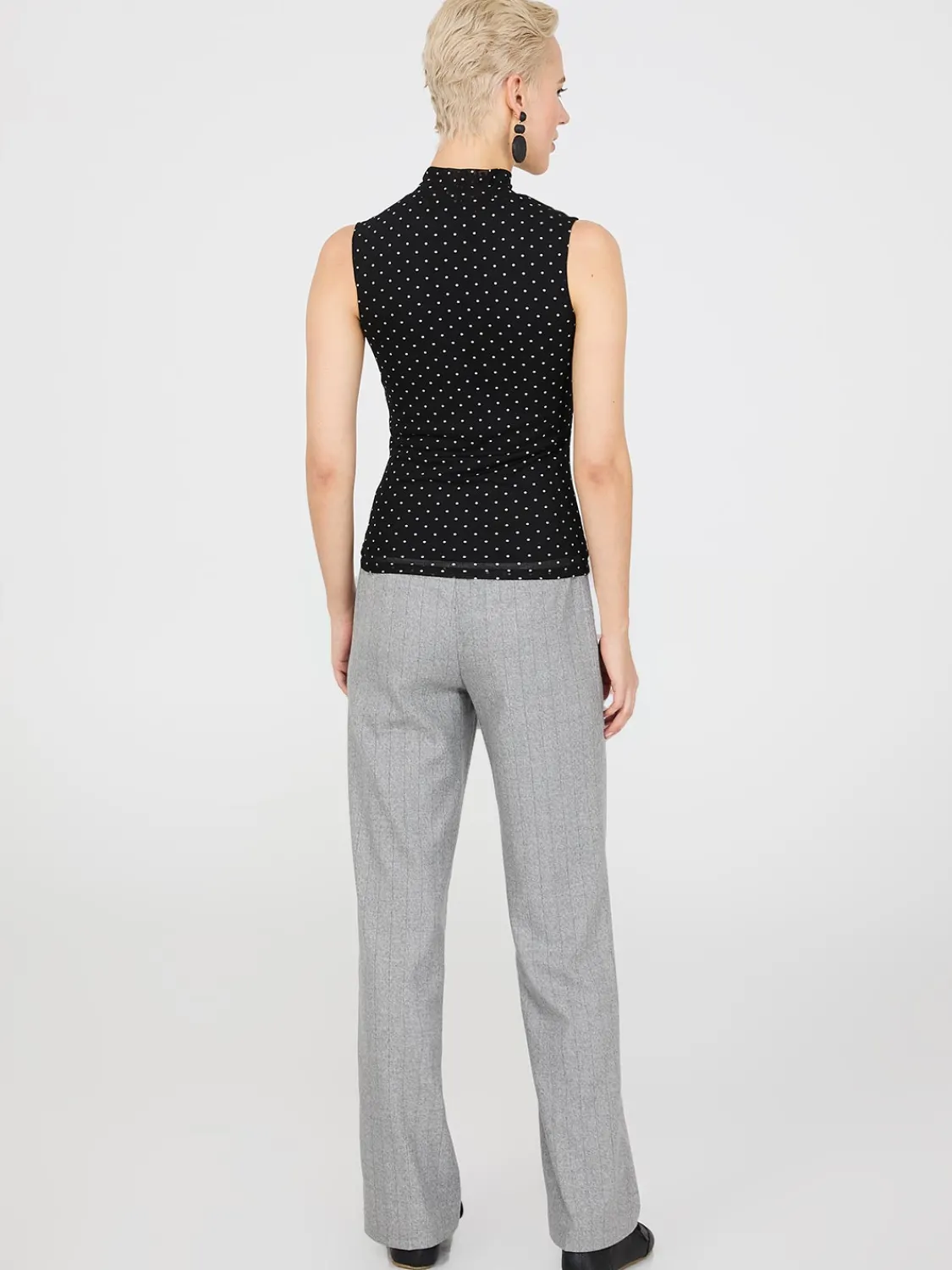 Suzy Shier Tops|Sleeveless>Dot Print Mock Neck Mesh Top