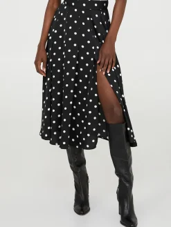 Suzy Shier Skirts>Dot Print Pleated Satin Midi Skirt