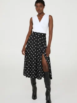 Suzy Shier Skirts>Dot Print Pleated Satin Midi Skirt