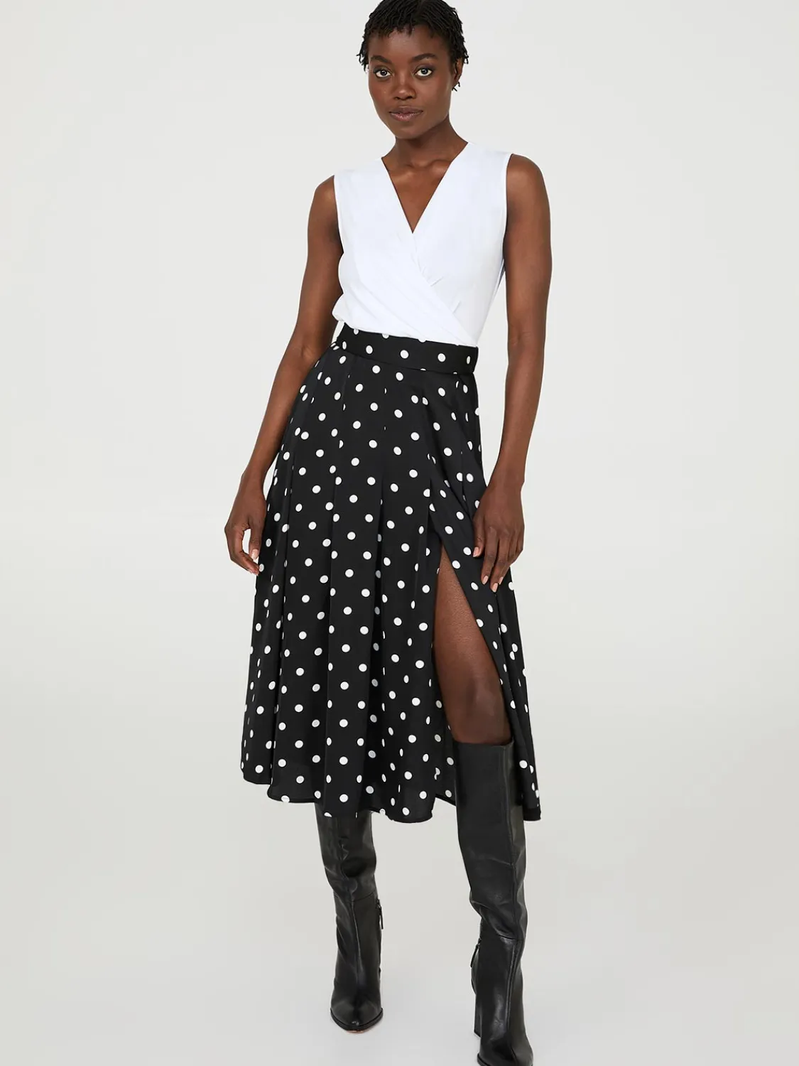Suzy Shier Skirts>Dot Print Pleated Satin Midi Skirt
