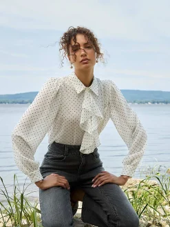 Suzy Shier Tops|Long Sleeve>Dot Print Ruffle Button-Front Blouse