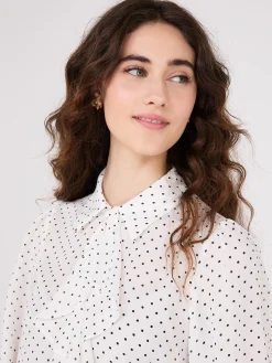 Suzy Shier Tops|Long Sleeve>Dot Print Ruffle Button-Front Blouse