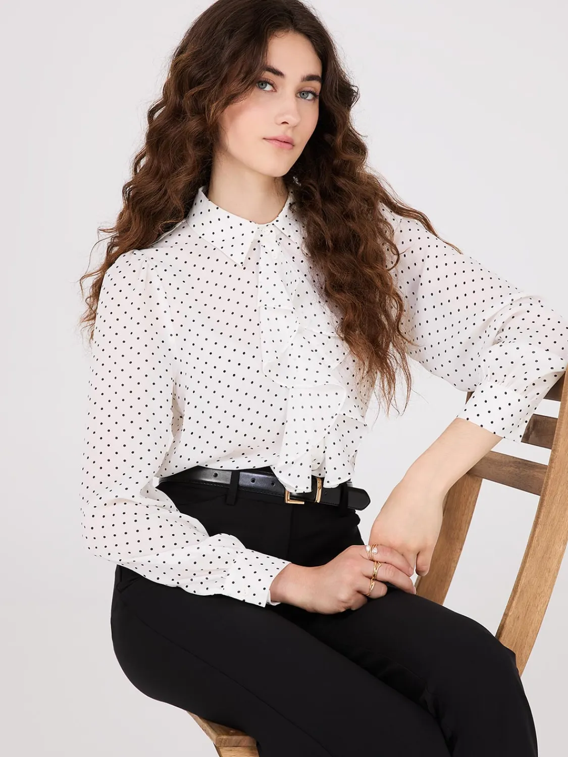 Suzy Shier Tops|Long Sleeve>Dot Print Ruffle Button-Front Blouse