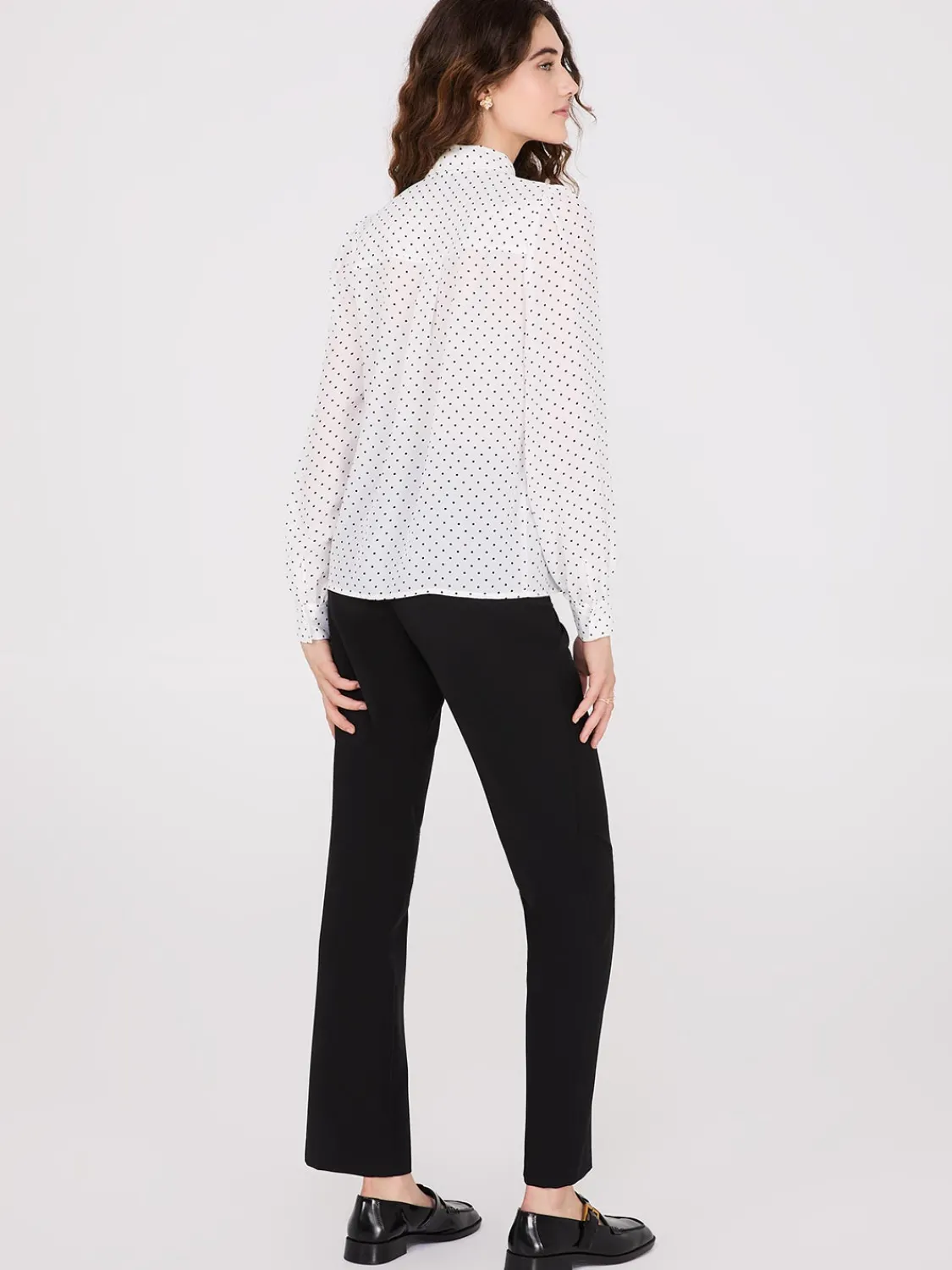Suzy Shier Tops|Long Sleeve>Dot Print Ruffle Button-Front Blouse