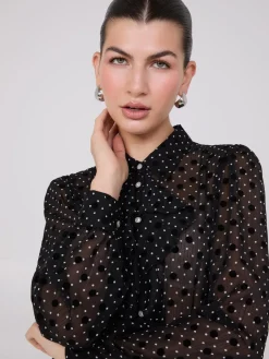 Suzy Shier Tops|Long Sleeve>Dot Print Ruffle Button-Front Blouse
