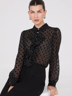 Suzy Shier Tops|Long Sleeve>Dot Print Ruffle Button-Front Blouse