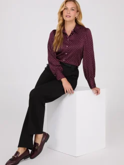 Suzy Shier Tops|Long Sleeve>Dot Print Satin Volume Sleeve Button-Front Blouse