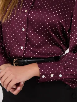 Suzy Shier Tops|Long Sleeve>Dot Print Satin Volume Sleeve Button-Front Blouse