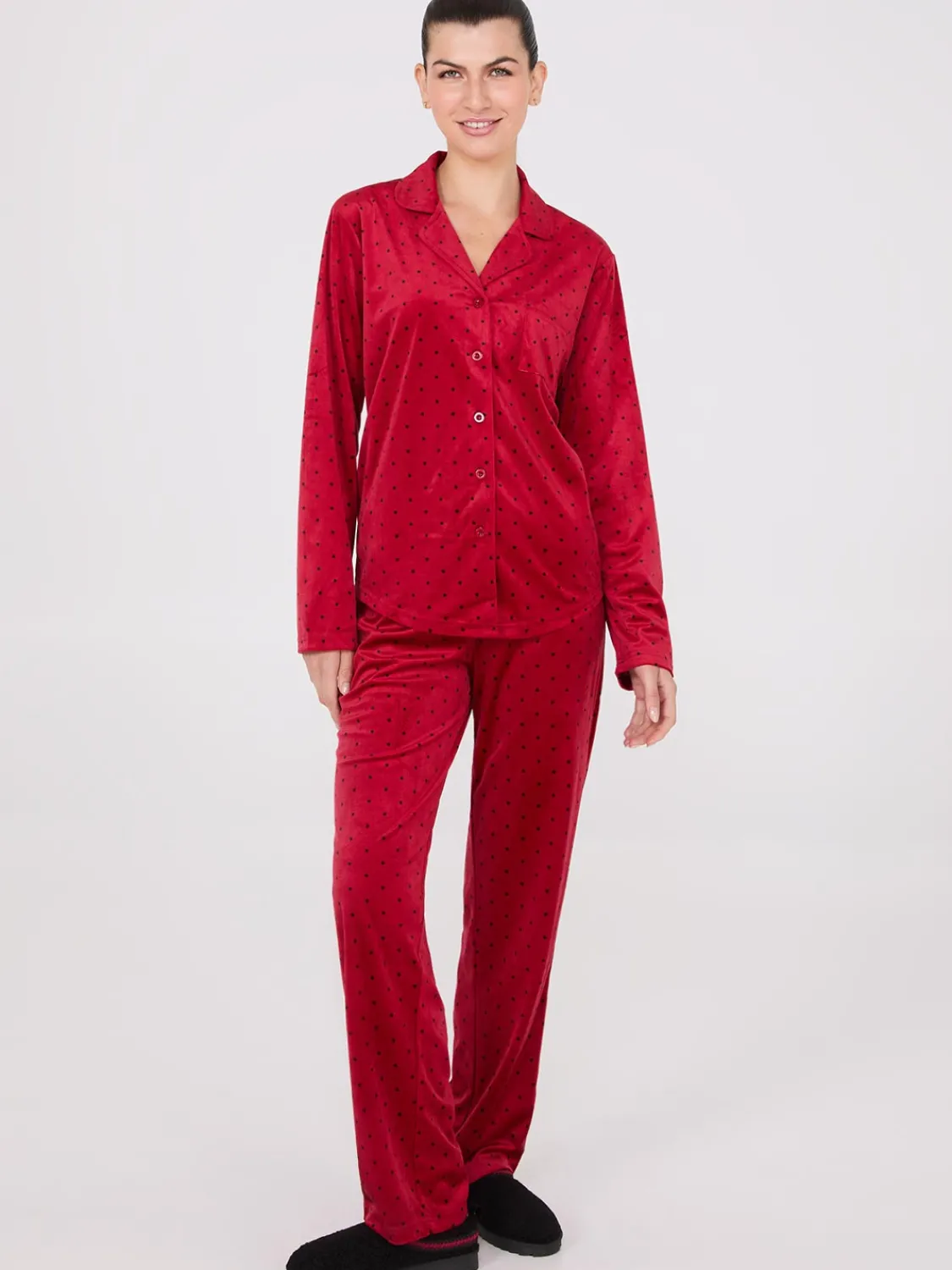 Suzy Shier Lounge & Pjs>Dot Print Velour Button-Down Pajama Set