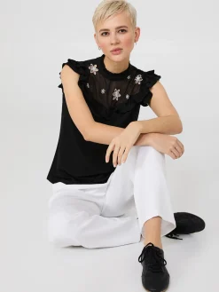 Suzy Shier Tops|Sleeveless>Double Ruffle Embroidered Top