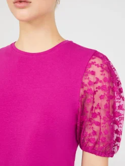 Suzy Shier Short Sleeve|Tank Tops & T-Shirts>Embroidered Mesh Sleeve T-Shirt