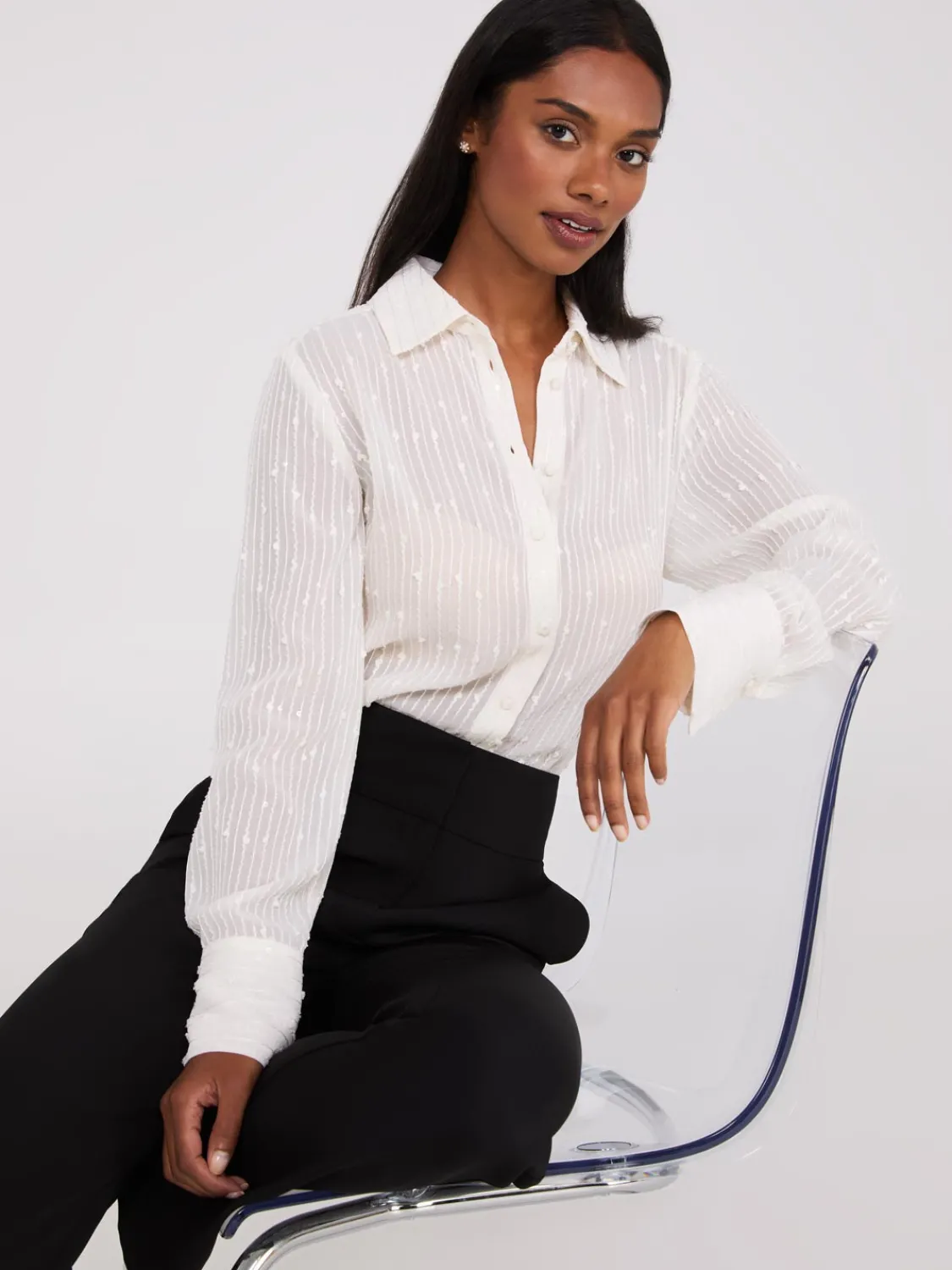 Suzy Shier Tops|Long Sleeve>Embroidered Sequin Chiffon Blouse