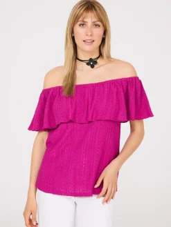 Suzy Shier Tops|Short Sleeve>Eyelet Textured Off-The-Shoulder Top
