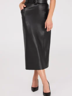 Suzy Shier Skirts>Faux Leather Belted Pencil Skirt