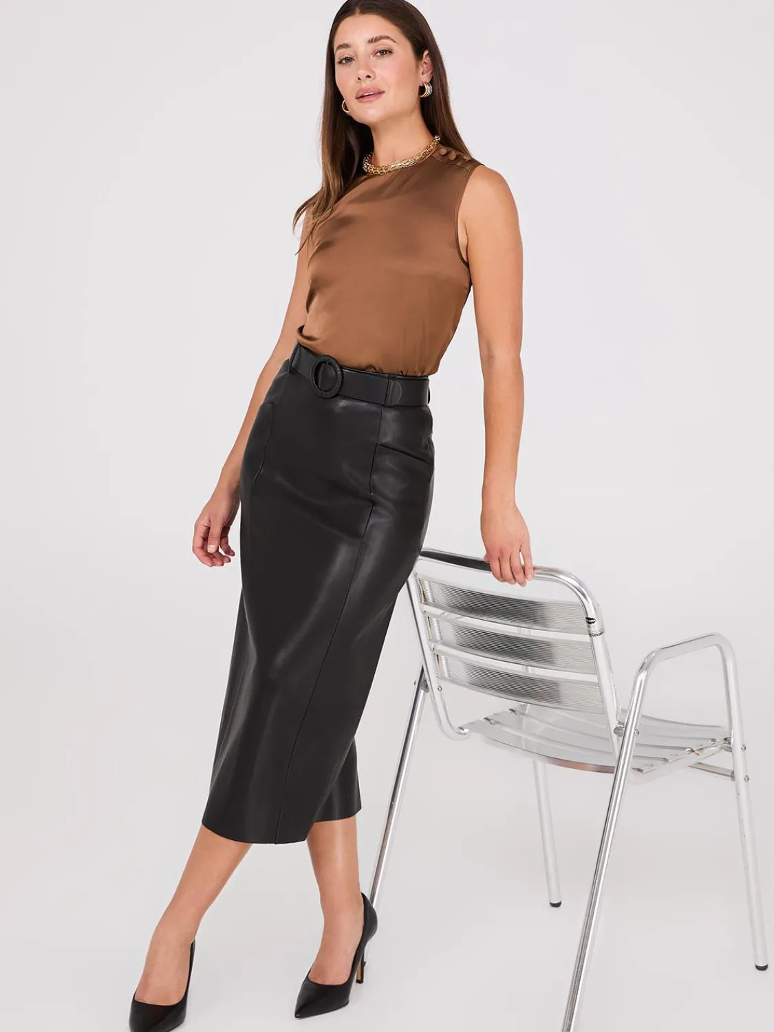 Suzy Shier Skirts>Faux Leather Belted Pencil Skirt
