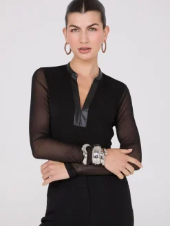 Suzy Shier Tops|Long Sleeve>Faux Leather Collared Top With Mesh Sleeves