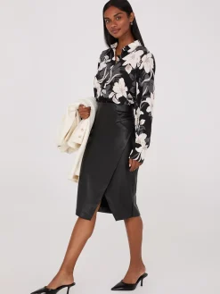 Suzy Shier Skirts>Faux Leather Front Wrap Pencil Skirt