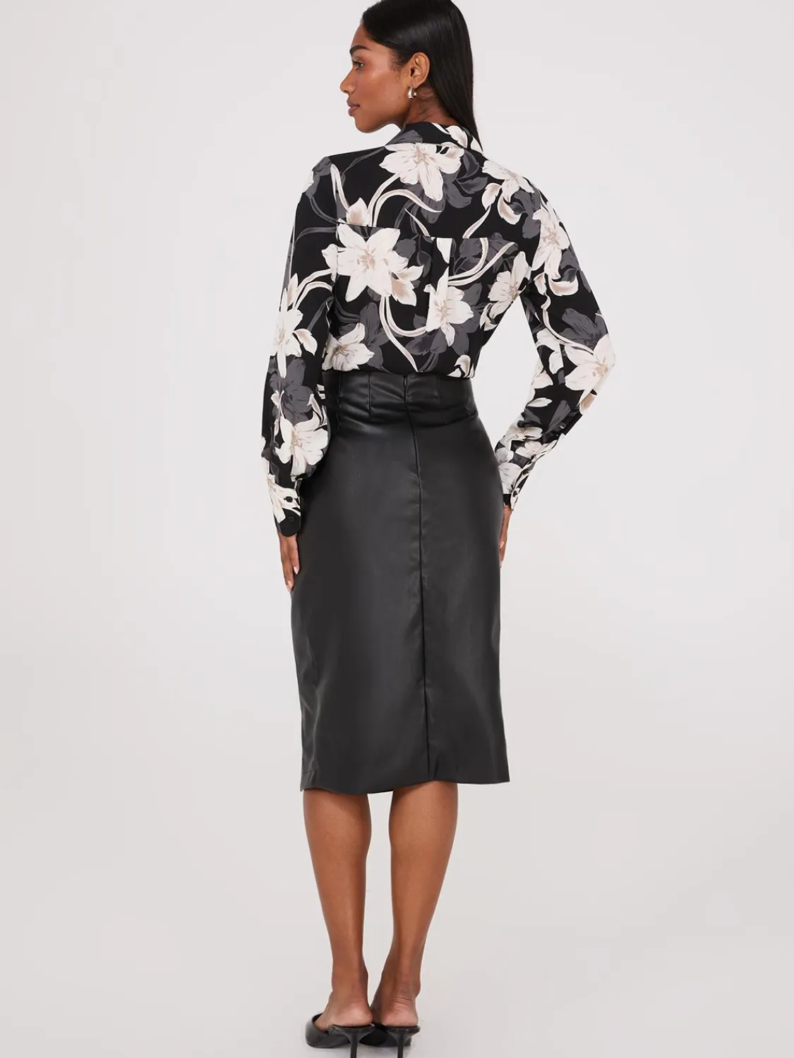 Suzy Shier Skirts>Faux Leather Front Wrap Pencil Skirt