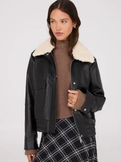 Suzy Shier Puffers & Jackets|Puffers & Jackets>Faux Leather Jacket With Shearling Collar
