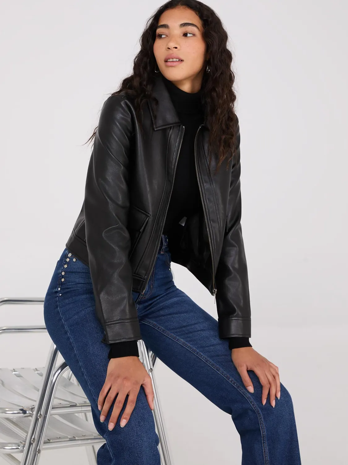 Suzy Shier Puffers & Jackets|Puffers & Jackets>Faux Leather Utility Jacket