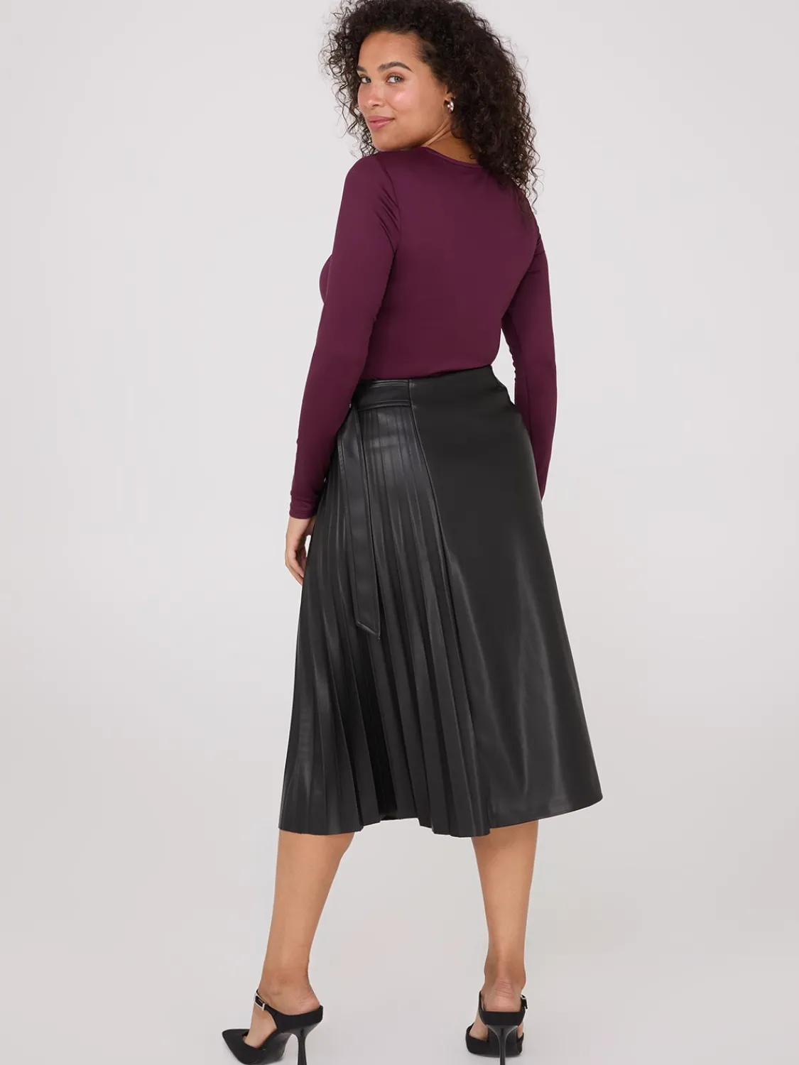 Suzy Shier Skirts>Faux Leather Wrap Midi Skirt