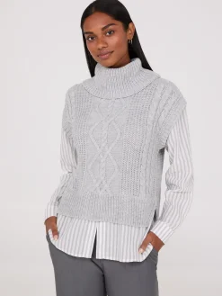 Suzy Shier Long Sleeve|Sweaters & Cardigans>2-Fer Cable Knit Vest With Striped Blouse