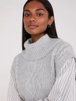 Suzy Shier Long Sleeve|Sweaters & Cardigans>2-Fer Cable Knit Vest With Striped Blouse